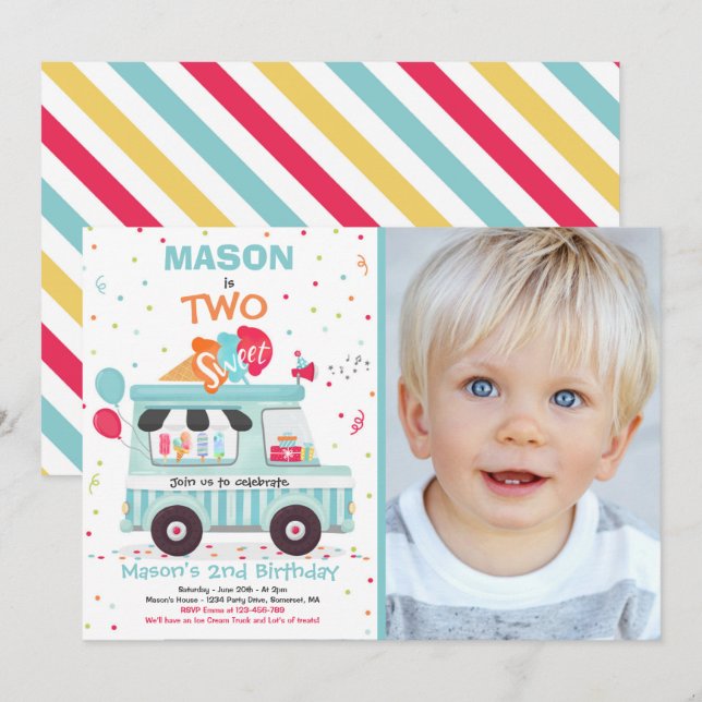 Ice Cream Two Sweet 2nd Birthday Ice Cream Truck Invitation (Front/Back)