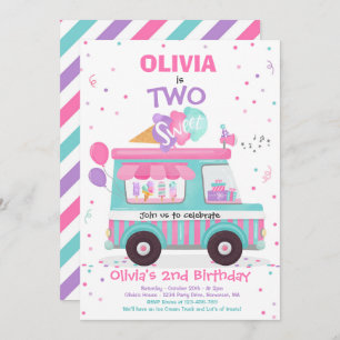 Ice Cream Two Sweet 2nd Birthday Ice Cream Truck Invitation