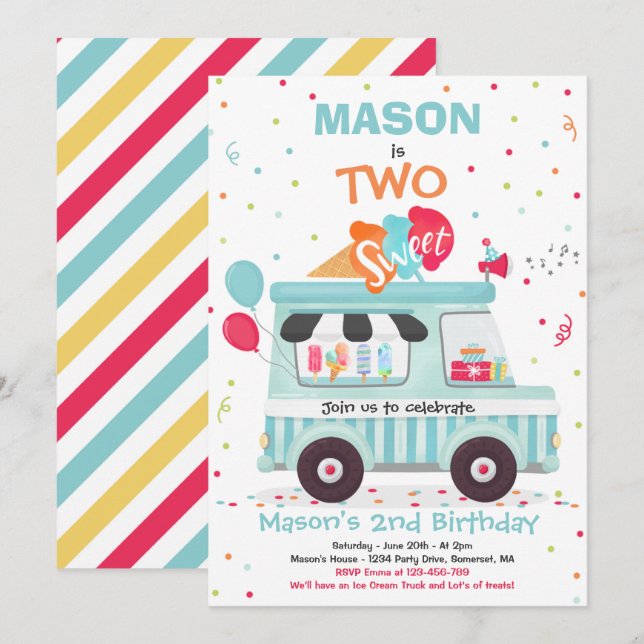 Ice Cream Two Sweet 2nd Birthday Ice Cream Truck Invitation (Front/Back)