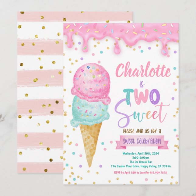 Ice Cream Two Sweet 2nd Birthday Party Pink Mint Invitation (Front/Back)