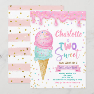 Ice Cream Two Sweet 2nd Birthday Party Pink Mint Invitation