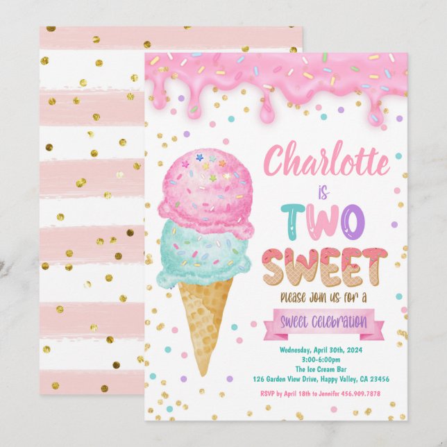 Ice Cream Two Sweet 2nd Birthday Party Pink Mint Invitation (Front/Back)
