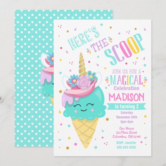 Ice Cream Unicorn Birthday Invitation Magical (Front/Back)