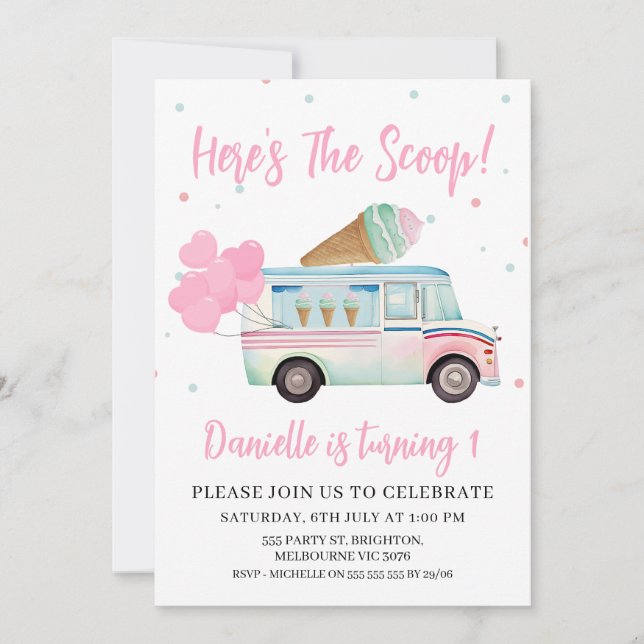 Ice cream Van Here's the Scoop 1st Birthday Invitation (Front)