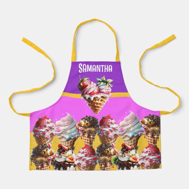 Ice cream waffle cone girls pink yellow name 3D Apron (Front)