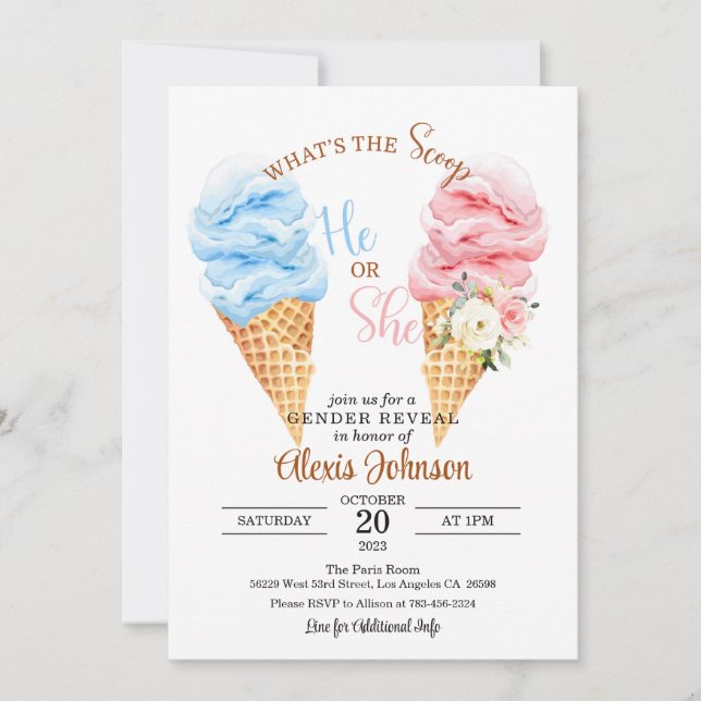 Ice Cream What's the Scoop Gender Reveal He or She Invitation (Front)