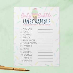 Ice Cream Word Unscramble Baby Shower Game Pack Notepad