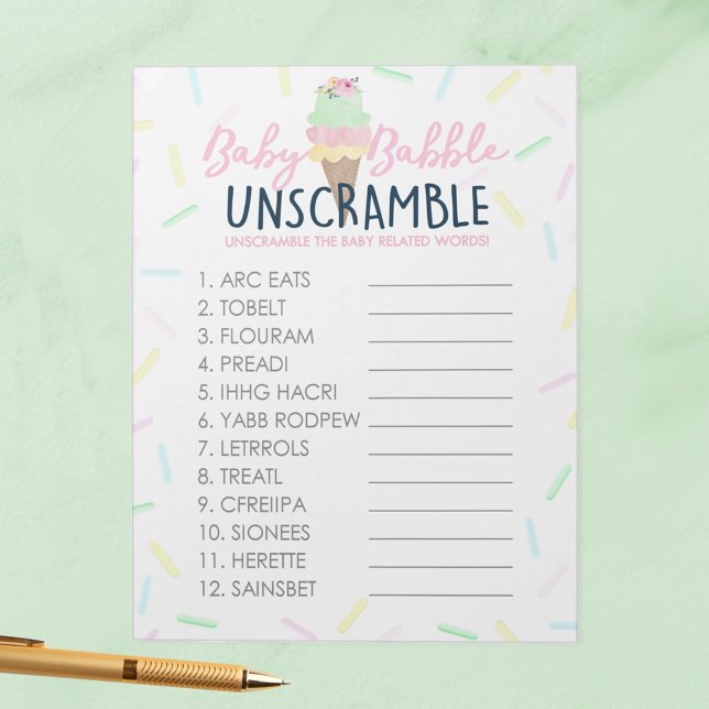 Ice Cream Word Unscramble Baby Shower Game Pack Notepad (Baby Babble Word Unscrable Ice Cream Baby Shower Game Pack of 40 Game Sheets)
