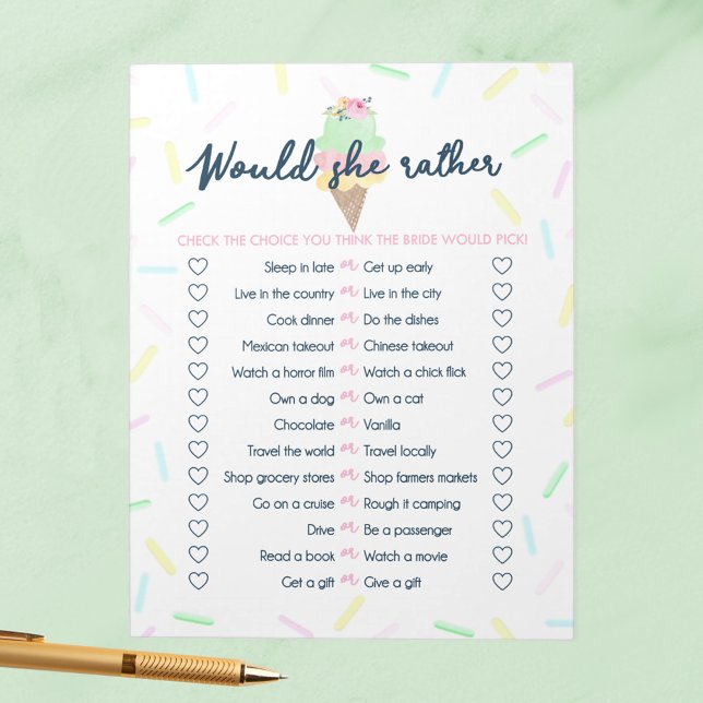 Ice Cream Would She Rather Bridal Shower Game Pack Notepad (Would She Rather Ice Cream Scooped Up Bridal Shower Game Pack of 40 Answer Sheets)