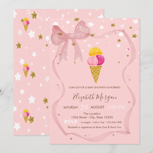  Ice creams Stars Pink Bow Baby Shower  Invitation (Front/Back)