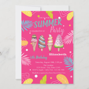  Ice creams Tropical Leaves Pink Birthday  Invitation