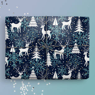 Ice Crystal Christmas Deer Teal Wrapping Paper