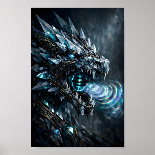 Ice Crystal Dragon with Glowing Magic Rings Poster (Front)