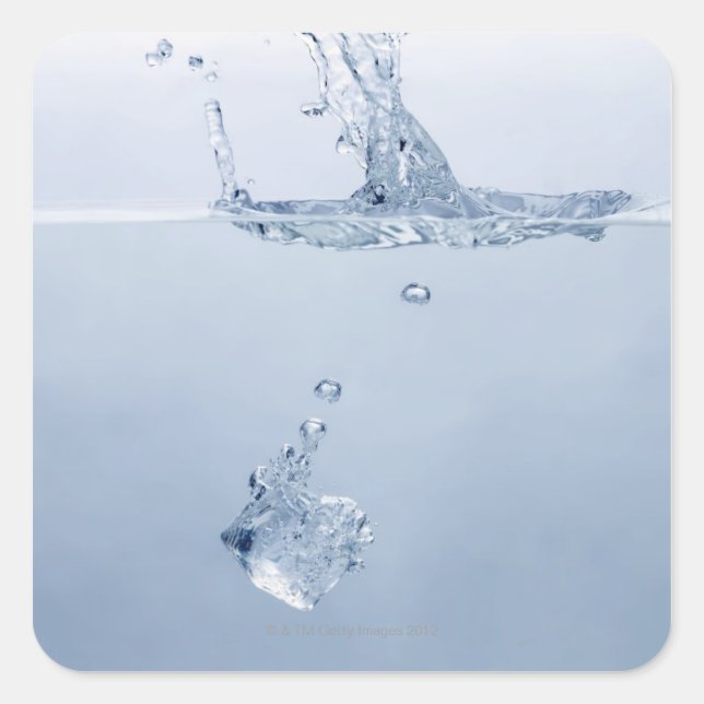 Ice cube splashing into water square sticker (Front)