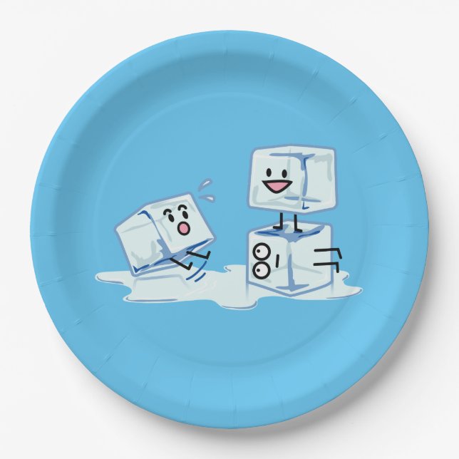 ice cubes icy cube water slipping stack melt cold paper plate (Front)