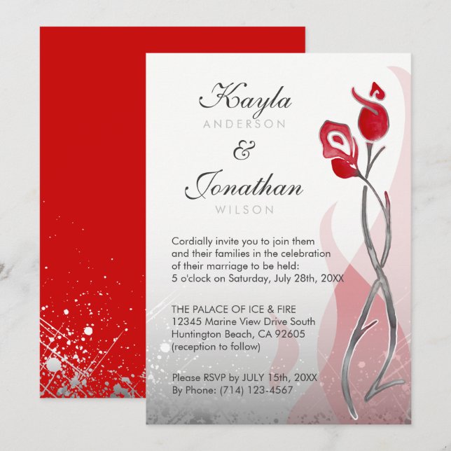 Ice & Fire Wedding Invitations | Red Silver Roses (Front/Back)