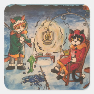 Ice Fishing at Night Cats Square Sticker