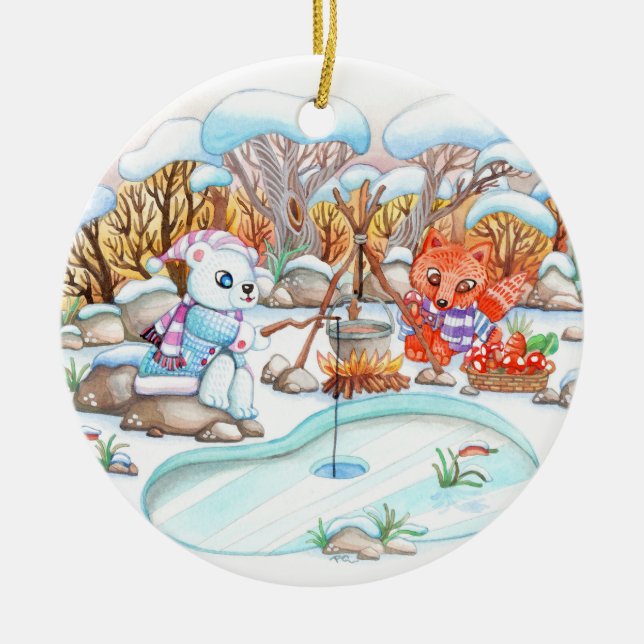 Ice Fishing Ceramic Tree Decoration (Front)