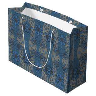 Ice flowers, blue & grey floral pattern, rustical large gift bag