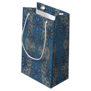 Ice flowers, blue & grey floral pattern, rustical small gift bag