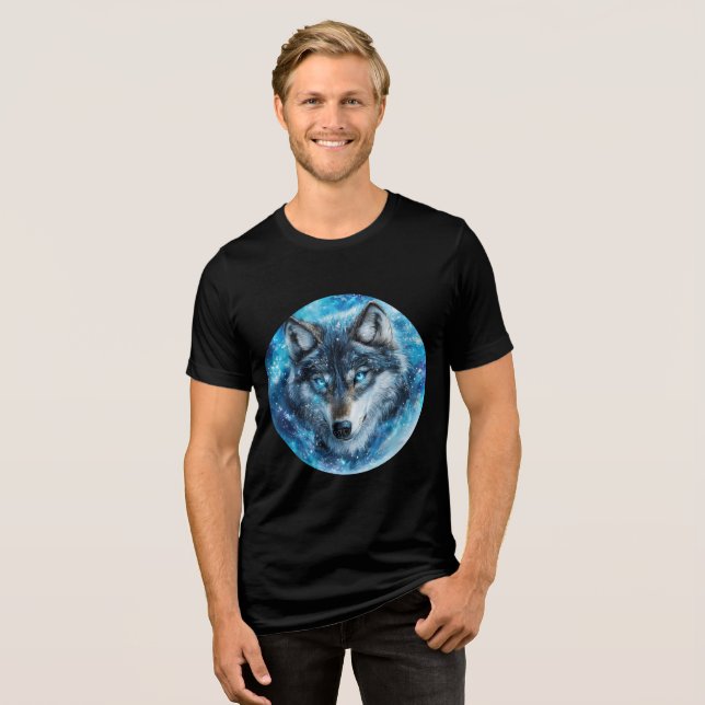 Ice Galaxy Wolf with Blue Eyes Tri-Blend Shirt (Front Full)