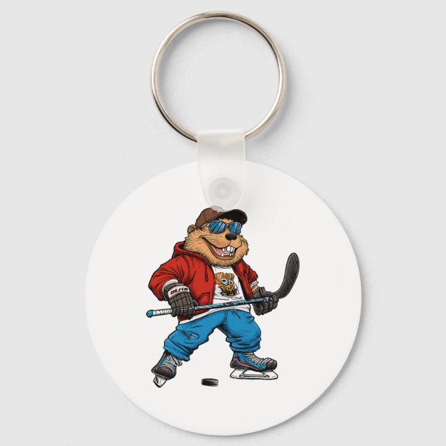 Ice Hockey Beaver  Key Ring (Front)