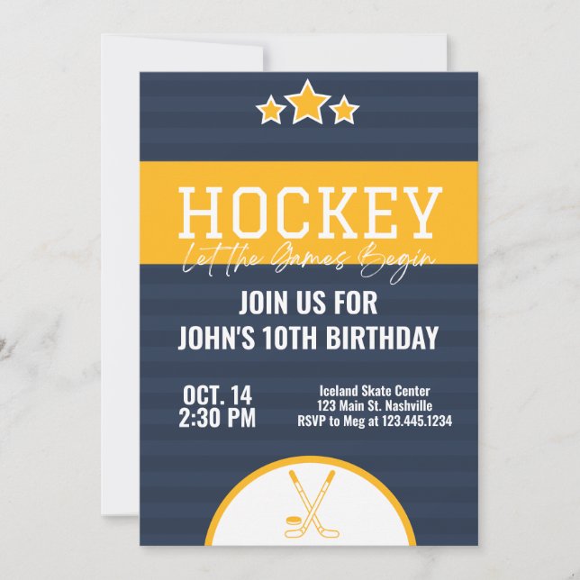 Ice Hockey Birthday Blue Yellow Stripe Invitation (Front)