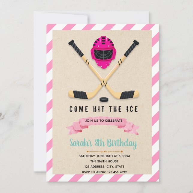 Ice hockey birthday girl invitation (Front)