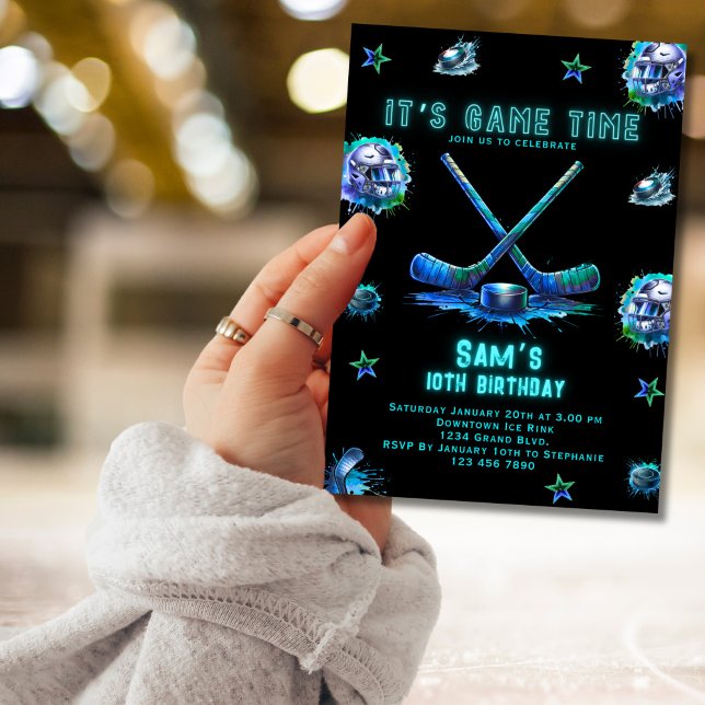 Ice Hockey Birthday Invitation Boys Neon Party (Creator Uploaded)