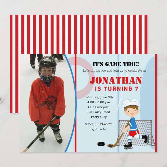 Ice Hockey Birthday Invitations Photo Boy Brunette (Front/Back)