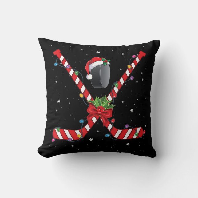 Ice Hockey Christmas Candy Cane Hockey  Cushion (Front)
