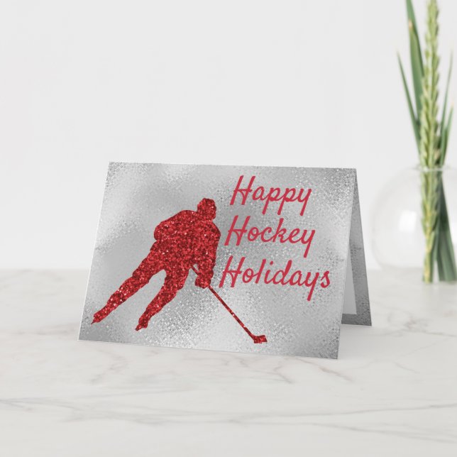 Ice hockey Christmas card - red sparkle & silver (Front)