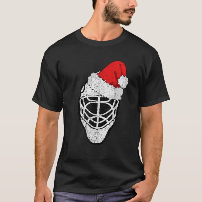 Ice Hockey Christmas Funny Goalie Santa Hat Hockey T-Shirt (Front)