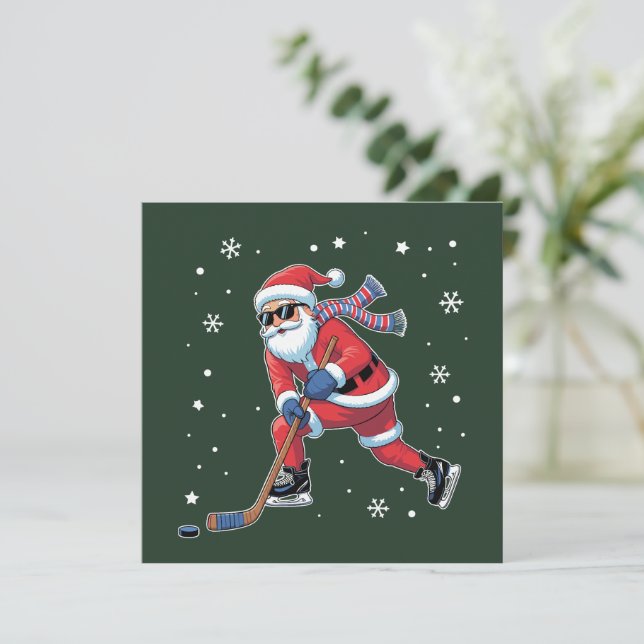 Ice Hockey Christmas Santa Playing Ice Sports Team Holiday Card (Standing Front)