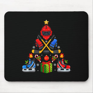 Ice Hockey Christmas Tree Lights Red Santa Hat Xma Mouse Mat