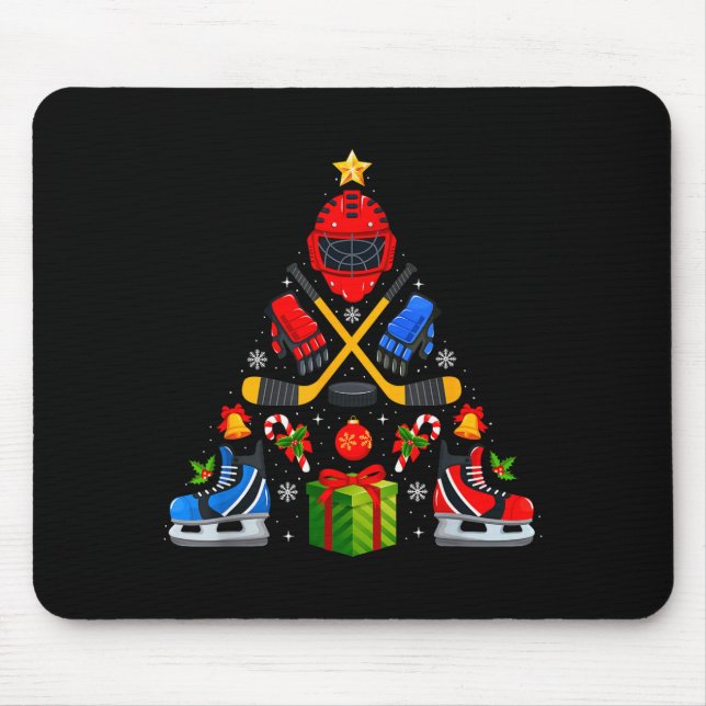 Ice Hockey Christmas Tree Lights Red Santa Hat Xma Mouse Mat (Front)