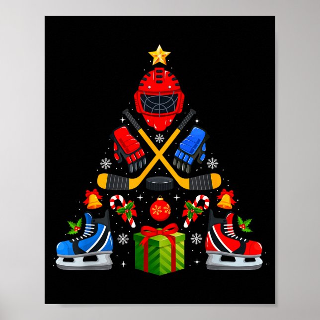 Ice Hockey Christmas Tree Lights Red Santa Hat Xma Poster (Front)