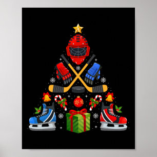 Ice Hockey Christmas Tree Lights Red Santa Hat Xma Poster