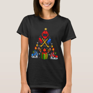 Ice Hockey Christmas Tree Lights Red Santa Hat Xma T-Shirt