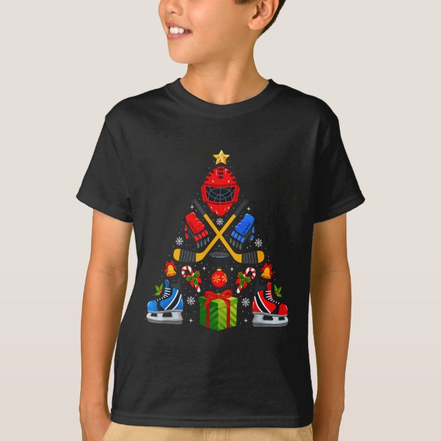 Ice Hockey Christmas Tree Lights Red Santa Hat Xma T-Shirt (Front)