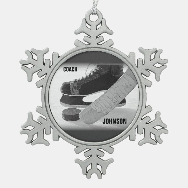 Ice Hockey Coach Thank You Snowflake Pewter Christmas Ornament (Front)