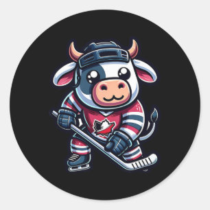 Ice Hockey Cow With Maple Leaf Jersey Classic Round Sticker