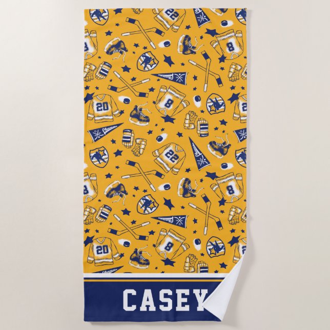 Ice Hockey Gear Yellow Navy White Outline Print Beach Towel (Front)
