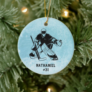 Ice Hockey Goal Keeper Monogram Ceramic Tree Decoration