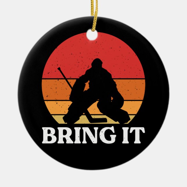 Ice Hockey Goalie Bring It Ceramic Tree Decoration (Front)