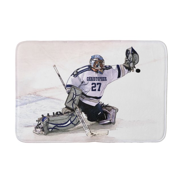 Ice Hockey Goalkeeper With Your Name Drawing Bath Mat (Front)