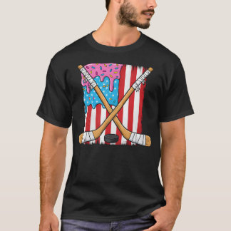 Ice Hockey Ice Cream Drip Boys American Flag T-Shirt