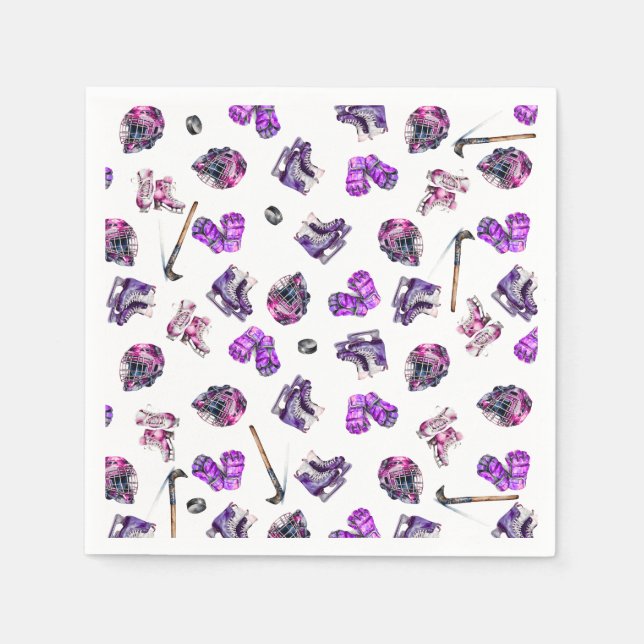 Ice Hockey Ice-Skating Girls Pink Purple Birthday  Napkin (Front)