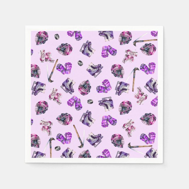 Ice Hockey Ice-Skating Girls Pink Purple Birthday  Napkin (Front)