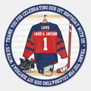 Ice Hockey Jersey Twins 1st Birthday Classic Round Sticker